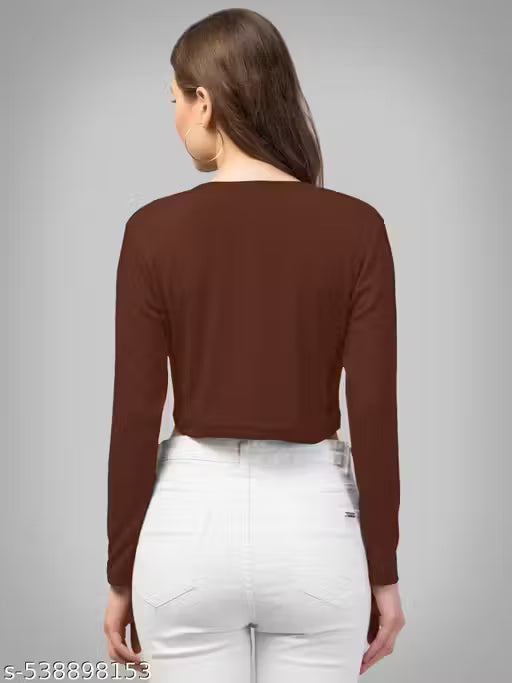 Casual Polyster Blend V-Neck Long Sleeves Purple Stylish Crop Top(17"Inches)