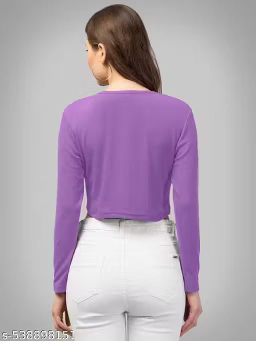 Casual Polyster Blend V-Neck Long Sleeves Purple Stylish Crop Top(17"Inches)