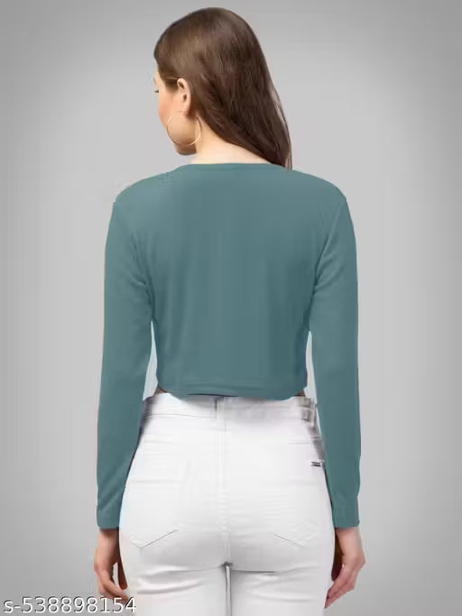 Casual Polyster Blend V-Neck Long Sleeves Purple Stylish Crop Top(17"Inches)