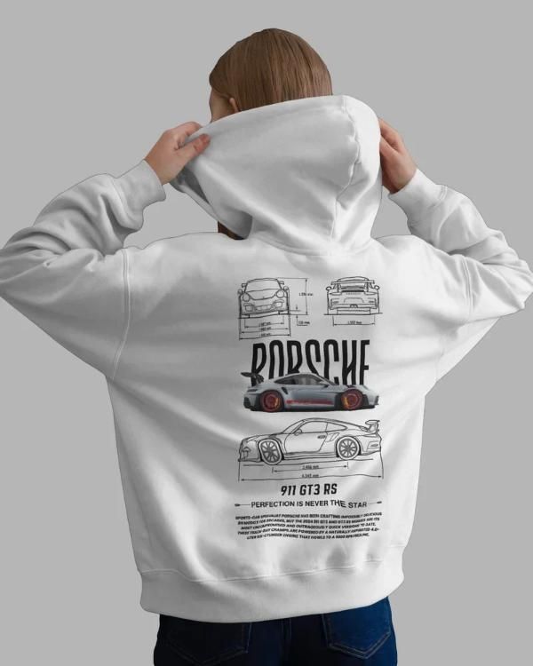 Person wearing a white hoodie with Porsche car illustrations on the back against a gray background