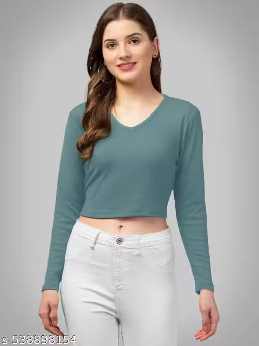 Casual Polyster Blend V-Neck Long Sleeves Purple Stylish Crop Top(17"Inches)