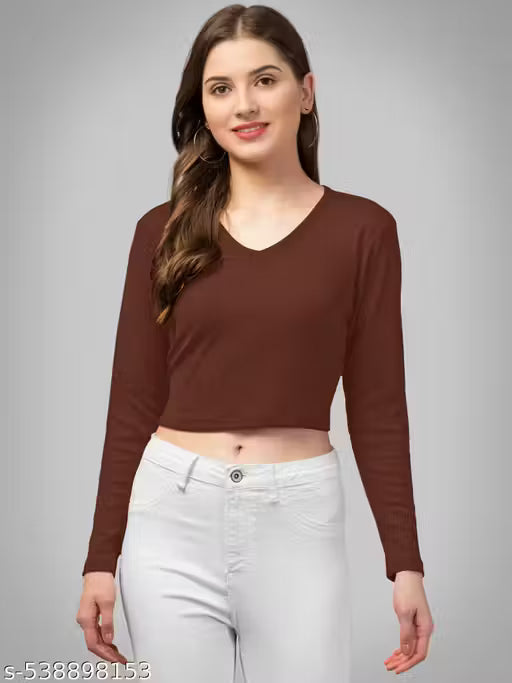 Casual Polyster Blend V-Neck Long Sleeves Purple Stylish Crop Top(17"Inches)