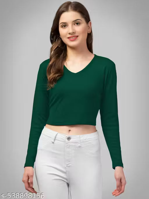 Casual Polyster Blend V-Neck Long Sleeves Purple Stylish Crop Top(17"Inches)
