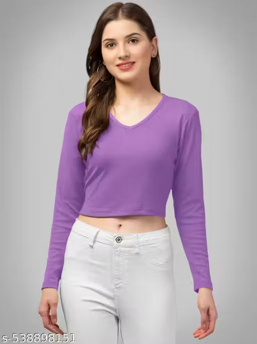 Casual Polyster Blend V-Neck Long Sleeves Purple Stylish Crop Top(17"Inches)