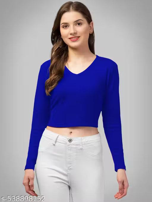 Casual Polyster Blend V-Neck Long Sleeves Purple Stylish Crop Top(17"Inches)